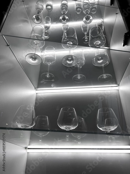 Fototapeta Glass cabinet with different glasses and glasses, all illuminated by built-in lighting