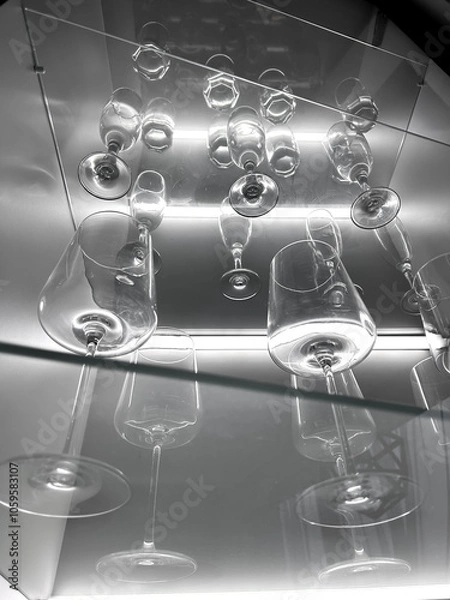 Fototapeta Glass cabinet with different glasses and glasses, all illuminated by built-in lighting
