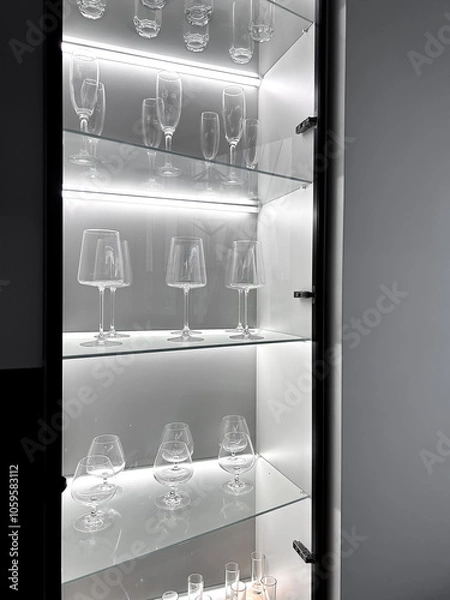 Fototapeta Glass cabinet with different glasses and glasses, all illuminated by built-in lighting