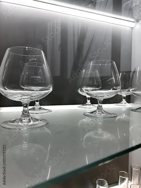 Fototapeta Glass cabinet with different glasses and glasses, all illuminated by built-in lighting
