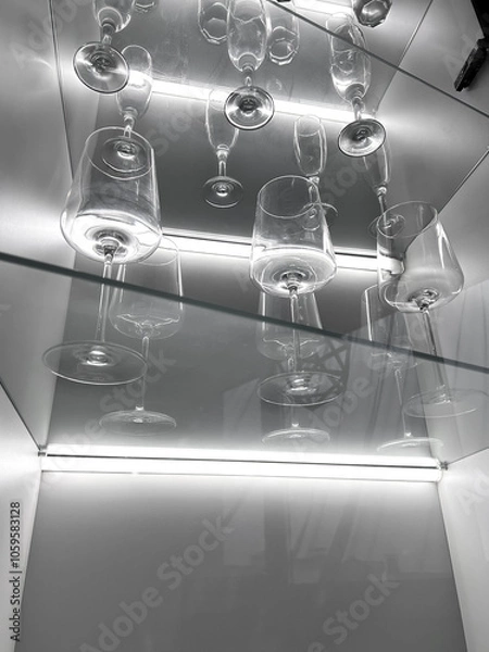 Fototapeta Glass cabinet with different glasses and glasses, all illuminated by built-in lighting