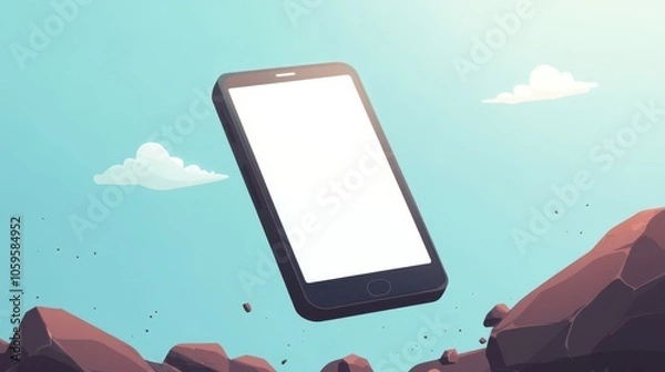 Fototapeta A black smartphone with a blank white screen is floating in the air above some brown rocks.  The sky is blue with white clouds.  The scene is drawn in a cartoon style.