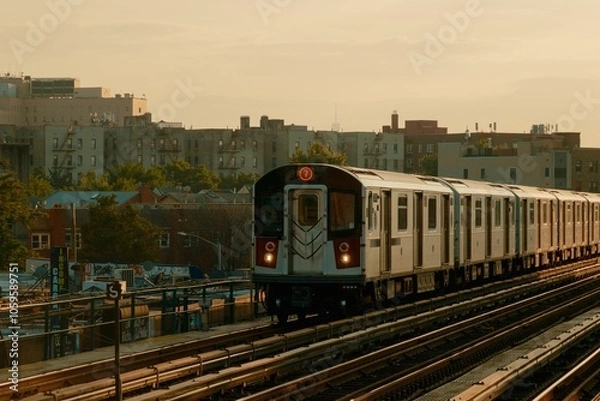 Fototapeta A 7 train travels through Queens, New York, illuminated by the setting sun.