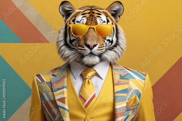 Obraz Portrait of hipster tiger wearing eyeglasses and fancy suit