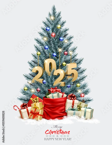 Obraz Holiday background with Christmas blue tree with garland and a gold 2025 numbers. Vector.