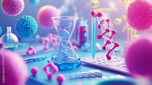 Fototapeta Science elements, like atoms, DNA, and bacteria, on a background of scientific research. Cartoon-style 3D rendered illustration.