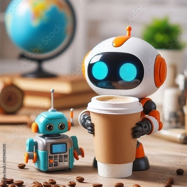 Obraz Mini ai robot with a large coffee cup