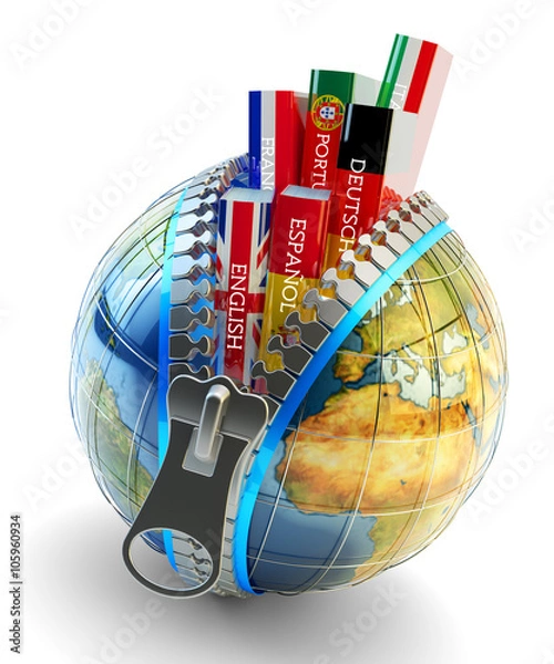 Obraz Foreign languages learning and translation concept, online translator icon, books with covers in colors of national flags of world countries inside Earth globe with zipper isolated on white
