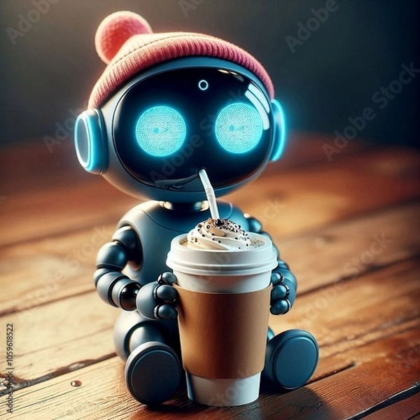 Obraz Mini ai robot with a hat, drinking a coffee