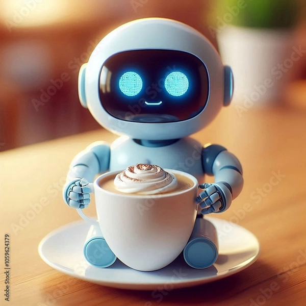 Obraz Mini ai robot and a large cup of coffee