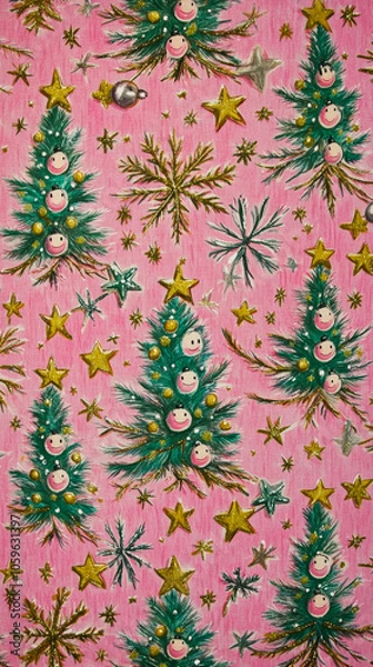 Obraz Festive Christmas pattern with smiley faces, stars, and snowflakes on a pink background