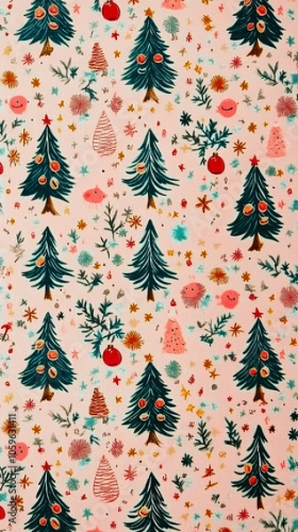 Obraz Playful Christmas tree pattern with ornaments, stars, and abstract shapes on pastel background