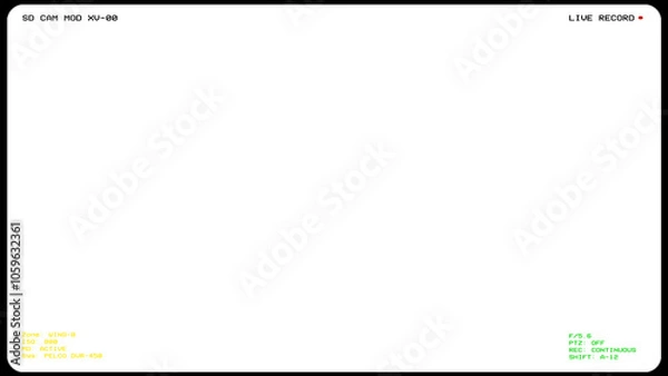Obraz Overlay: isolated security camera digital interface, displaying technical data: text readouts, camera settings, monitoring information. Classic surveillance aesthetic with rounded corners.

