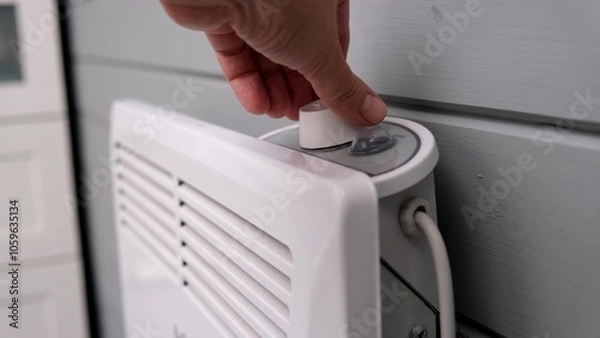 Fototapeta Hand regulating, setting temperature on electric convector, heater thermostate in the room in winter, climate control and energy saving concept