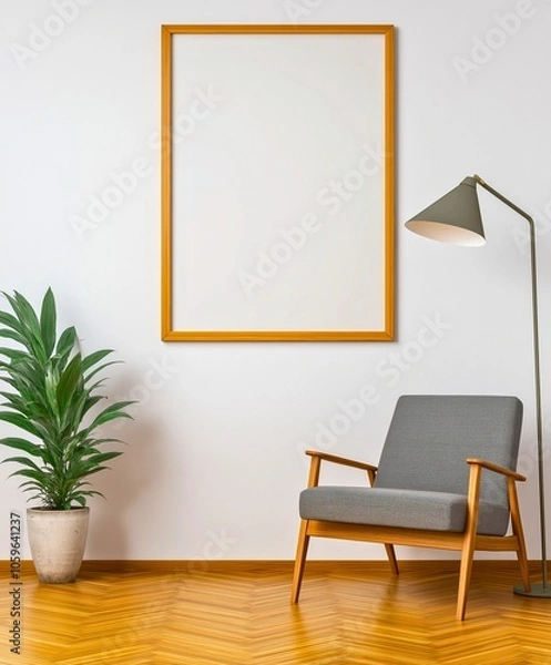 Obraz A modern lounge setting features a gray armchair, a tall floor lamp, a potted plant, and an empty wooden frame on a wall, creating a warm, inviting atmosphere.
