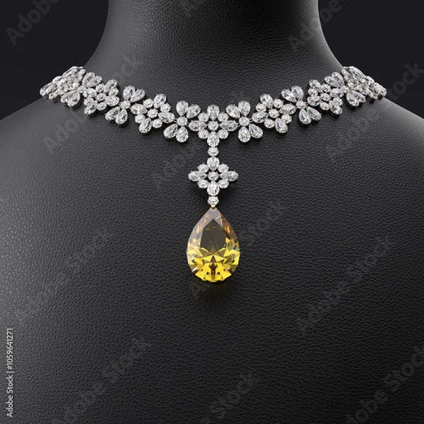 Fototapeta Luxurious necklace of diamonds and yellow sapphire in pear cut on the leather stand in the form of the bust. Jewelry showcase. Close-up. 3d rendering.
