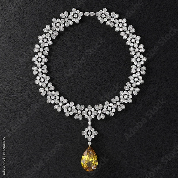Fototapeta Luxurious necklace of diamonds and yellow sapphire in pear cut on the leather stand. Jewelry showcase. View from above. 3d rendering.