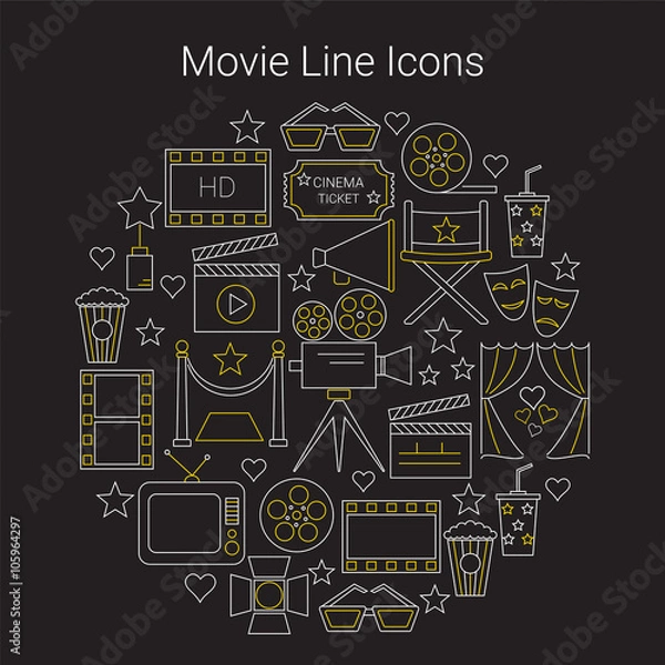 Fototapeta Movie Vector Line Icons set Circular Shaped. Cinema symbols. Movie camera, filmstrip, clapperboard, popcorn.