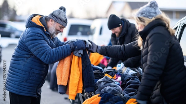 Fototapeta A group of people distributing warm clothing at an outdoor charity event during winter. They are wearing winter jackets and hats, with one person handing a sweater to another.