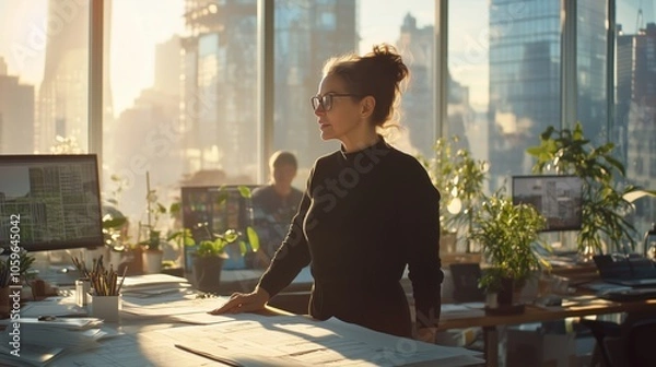 Fototapeta An architect in a modern office discusses projects with her diverse team, inspired by the city skyline.