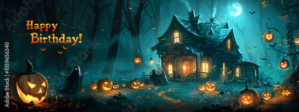 Fototapeta A spooky Halloween-themed birthday scene featuring a dark, mysterious house, glowing pumpkins, and a ghost, all under a full moon.
