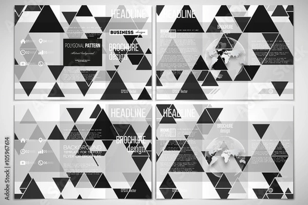Obraz Set of tri-fold brochure design template. Triangular vector pattern. Abstract black triangles on white background