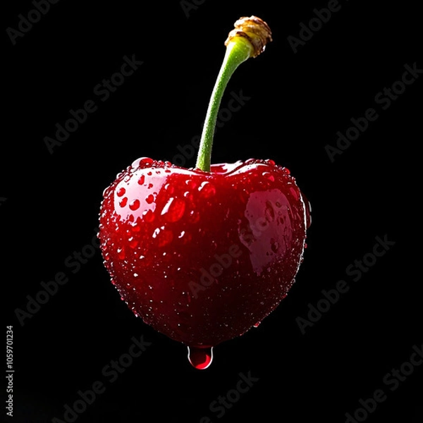 Fototapeta A red cherry covered in water droplets with a single drop hanging from its tip, set against a dramatic black background, highlighting its freshness and juiciness