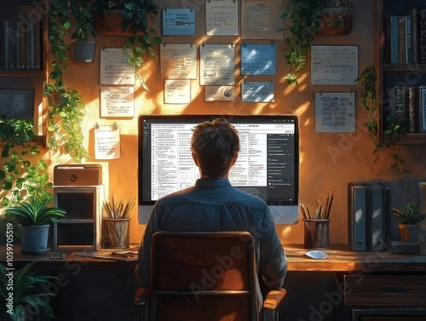 Fototapeta An individual in a home office interacting with an AI personal assistant displayed on a computer screen, organizing their tasks, reminders, and calendar