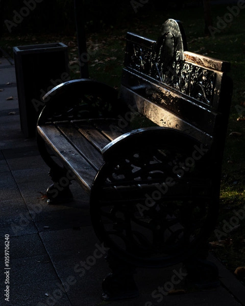 Fototapeta an old bench in the park and garbage can