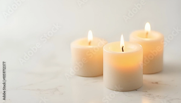 Fototapeta "Lit aromatic candles on a white background, evoking a sense of comfort and relaxation."
