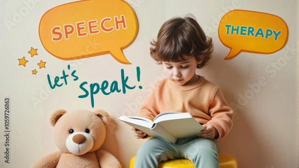 Fototapeta A young child engaged in speech therapy reads a book, showcasing an encouraging learning environment. Ideal for educational content, parenting resources, and speech therapy promotions