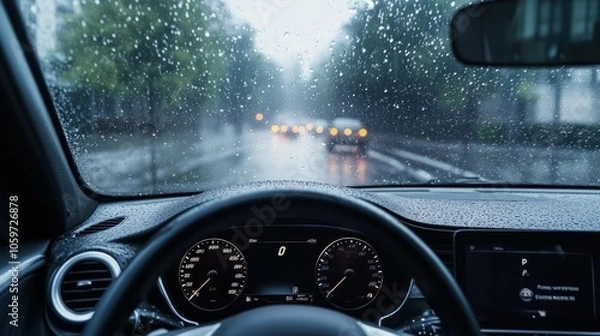 Obraz "Rainy Day Drive: Interior View of a Car with Raindrops on the Windshield"