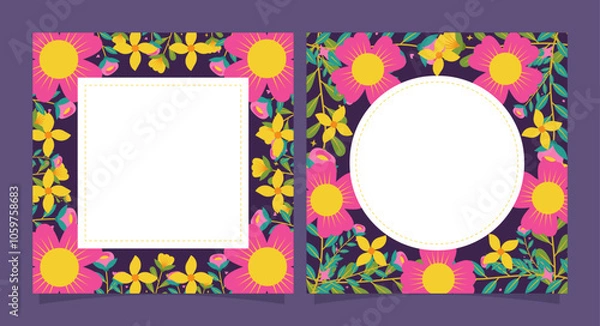 Fototapeta Square and circle of pink and orange flowers greeting card and invitation template for wedding or birthday anniversary, Vector shape of text box label and frame