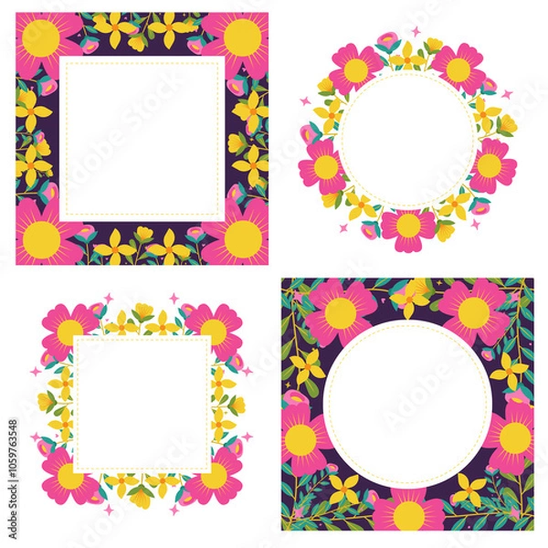 Fototapeta Square and circle of pink and orange flowers greeting card and invitation template for wedding or birthday anniversary, Vector shape of text box label and frame
