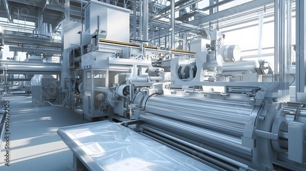 Obraz The internal workings of a plastic bag production machine in a petrochemical facility, with extrusion, molding, and cutting processes all happening in sequence.