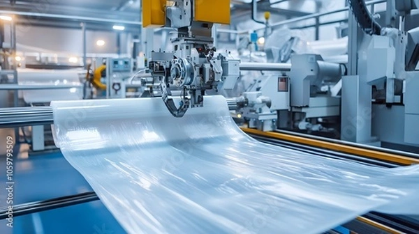 Obraz The plastic extrusion process in a petrochemical facility, with a high-performance machine forming bags from thin polymer sheets at incredible speed.