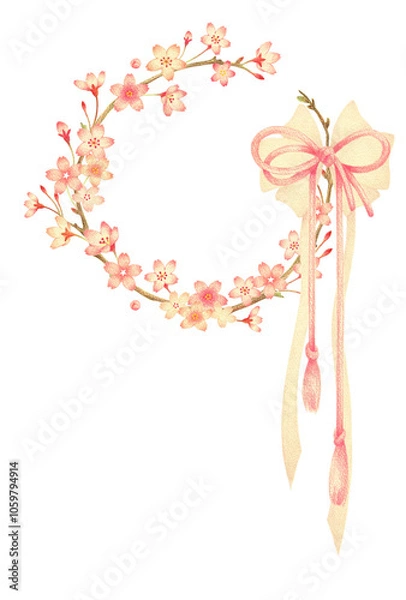 Fototapeta 桜と枝とりぼんのリース　手描き色鉛筆画