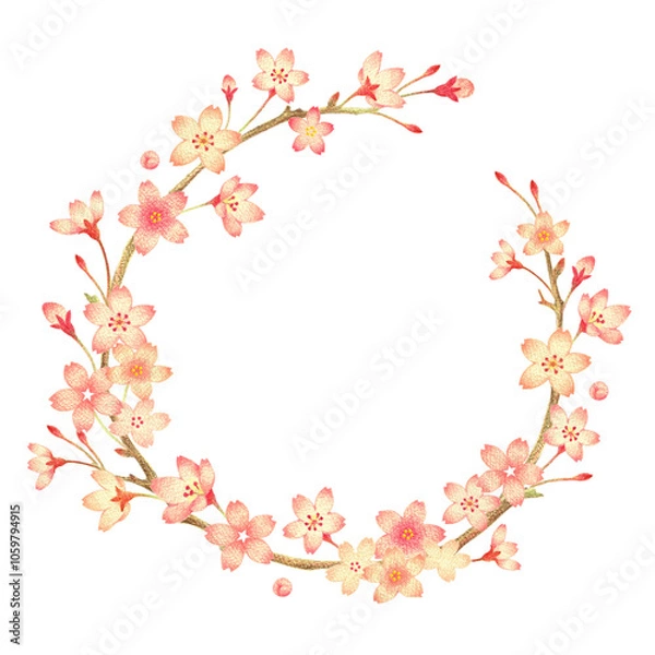 Fototapeta 桜と枝のリース　手描き色鉛筆画