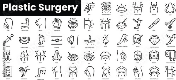 Fototapeta Set of outline plastic surgery icons. Minimalist thin linear web icon set. vector illustration.