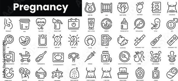 Fototapeta Set of outline pregnancy icons. Minimalist thin linear web icon set. vector illustration.