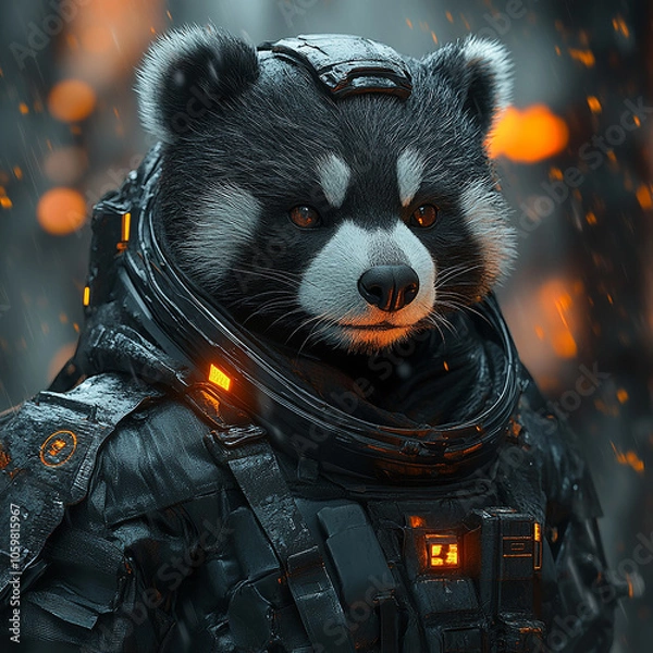 Fototapeta A raccoon wearing a futuristic space suit. Bokeh lights are in the background.

