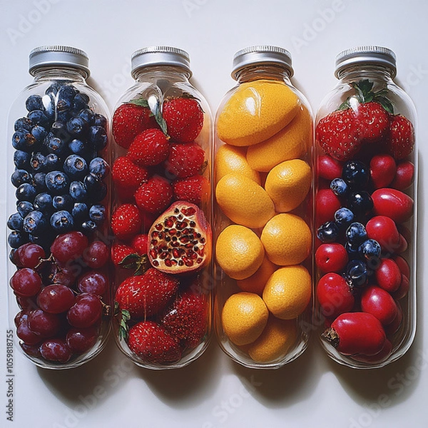 Fototapeta Three rows of clear capsules. Each capsule contains different colorful fruits, including peaches, strawberries, raspberries, blueberries, lemons, and cherries.

