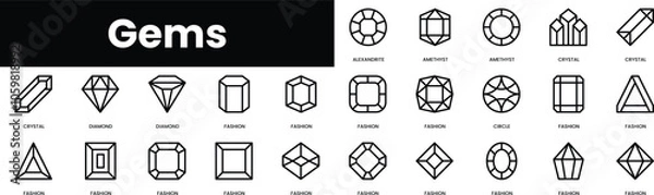Fototapeta Set of outline gems icons. Minimalist thin linear web icon set. vector illustration.