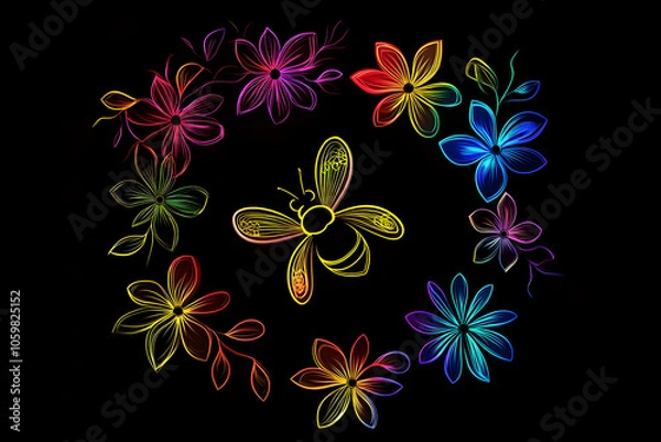 Fototapeta A captivating graphic design of a bumblebee silhouette surrounded by bright neon flowers against a black backdrop.