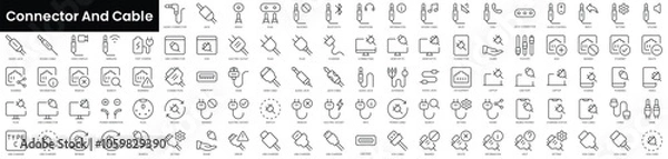 Fototapeta Set of outline connector and cable icons. Minimalist thin linear web icon set. vector illustration.