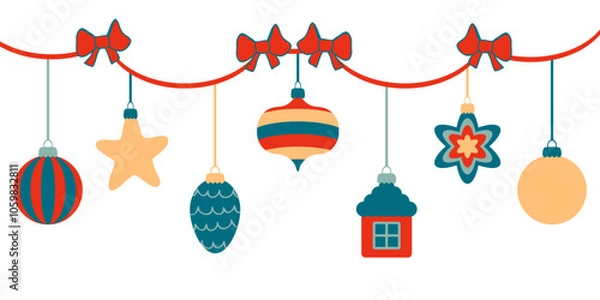 Fototapeta Retro style Christmas garland with ornaments and bows. Perfect for tee, banner, flyer, label, postcard, sale. Hand drawn isolated vector illustration.