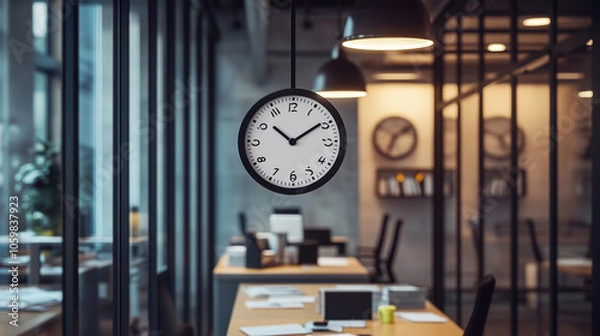 Fototapeta The clock in the office ticks steadily, marking the passing of time as employees focus on their tasks.  