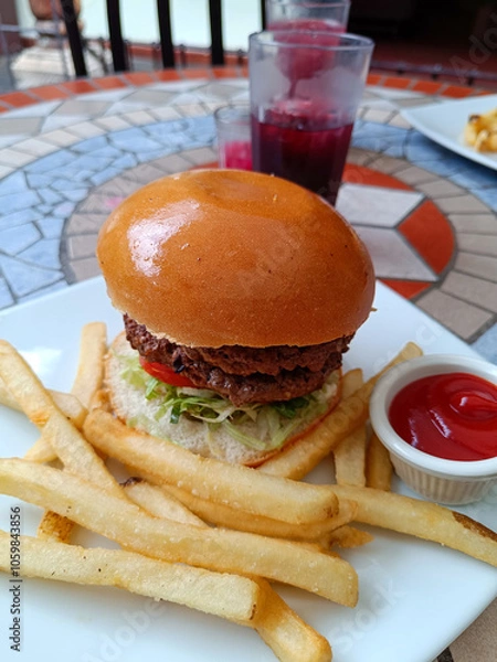 Obraz double patty hamburger and fries