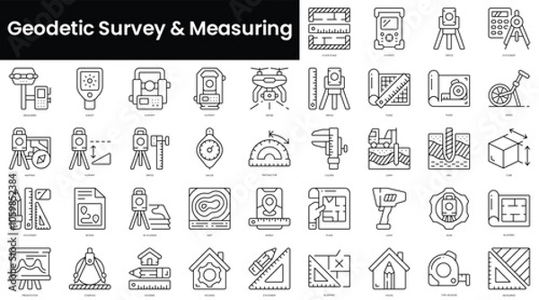 Fototapeta Set of outline geodetic survey and measuring icons. Minimalist thin linear web icon set. vector illustration.