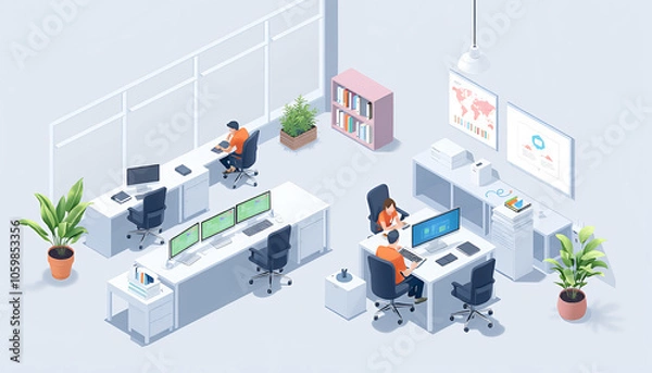 Obraz Isometric illustration of a modern office workspace with desks, computers, and team collaboration.